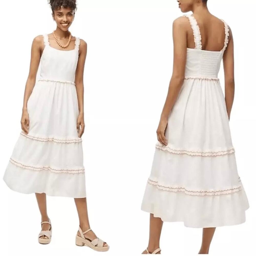 j. crew scalloped trim tiered midi dress in white ca108 women size petite 0 p0